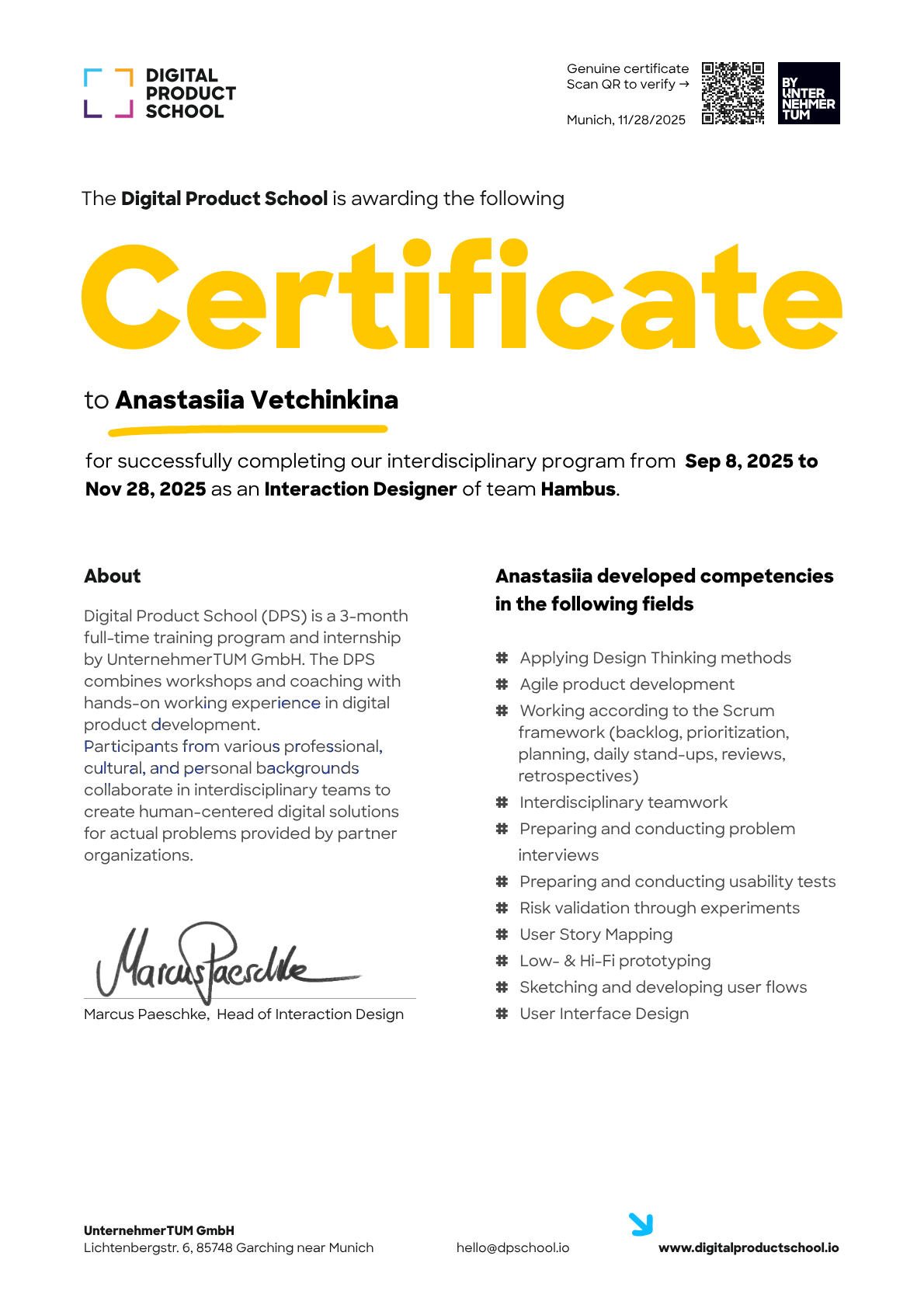 Preview of the certificate